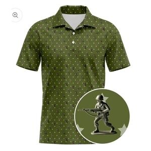 White Stars & Toy Soldiers Button Up Polo Shirt, Green. 2XL, New